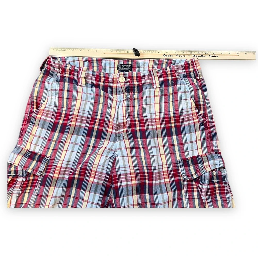 VTG Ralph Lauren Polo Jeans Madras Cargo Shorts Mens 38 Plaid Red Preppy Coastal